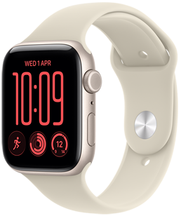 Apple Watch SE 3, aluminum case, starlight color, right side exterior, Digital Crown dial, microphone, side button, connected to Sport Band, sand color (pale tan), pin-and-tuck closure (silver pin)