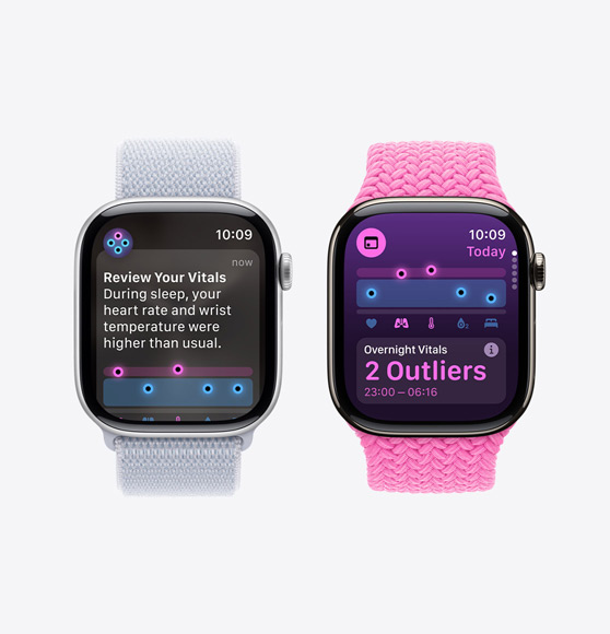 A preview of your vitals notification on an Apple Watch Series 10 and the Vitals app showing overnight vitals with two outliers on an Apple Watch Series 10.