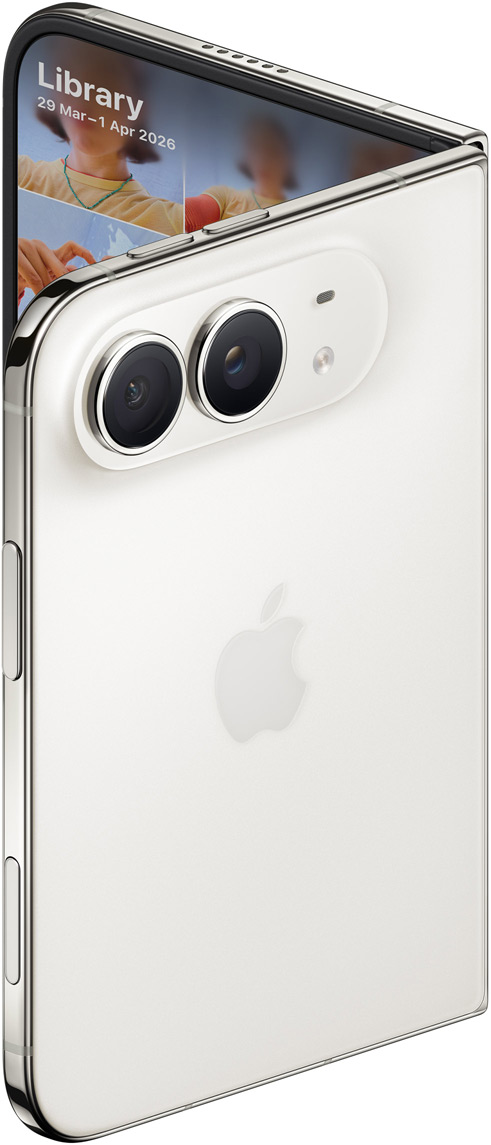 iPhone Duo, Star White colour, slightly open, back exterior, 48MP Dual Fusion rear cameras in top corner, two lenses, microphone, flash