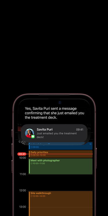 iPhone 18 Pro, Burgundy color, partial front exterior, display screen shows conversation with Siri AI using Apple Intelligence, calendar app displayed below an iMessage about a deck treatment