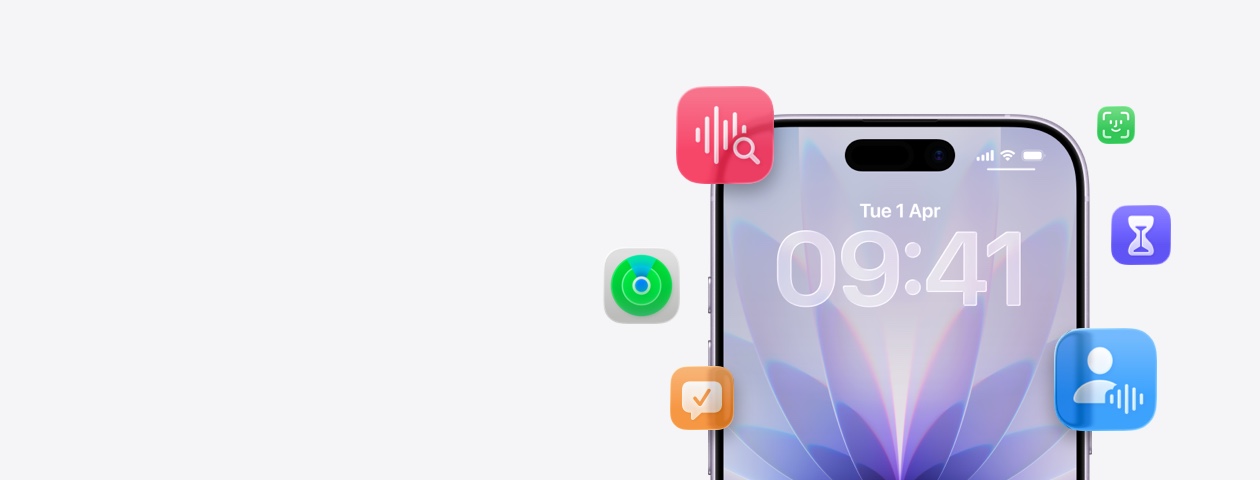 An iPhone with various built-in Apple features around it