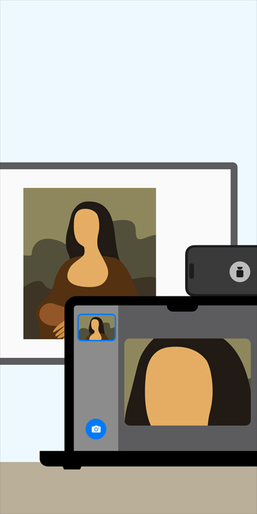 Animierte Illustration der Lupe App auf einem MacBook Bildschirm, die ein Bild der Mona Lisa auf einem Whiteboard im Klassenzimmer vergrößert
