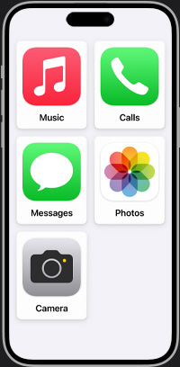 Egyszerűsített iPhone-főképernyő a Zene, Hívások, Üzenetek, Fotók és Kamera appal.