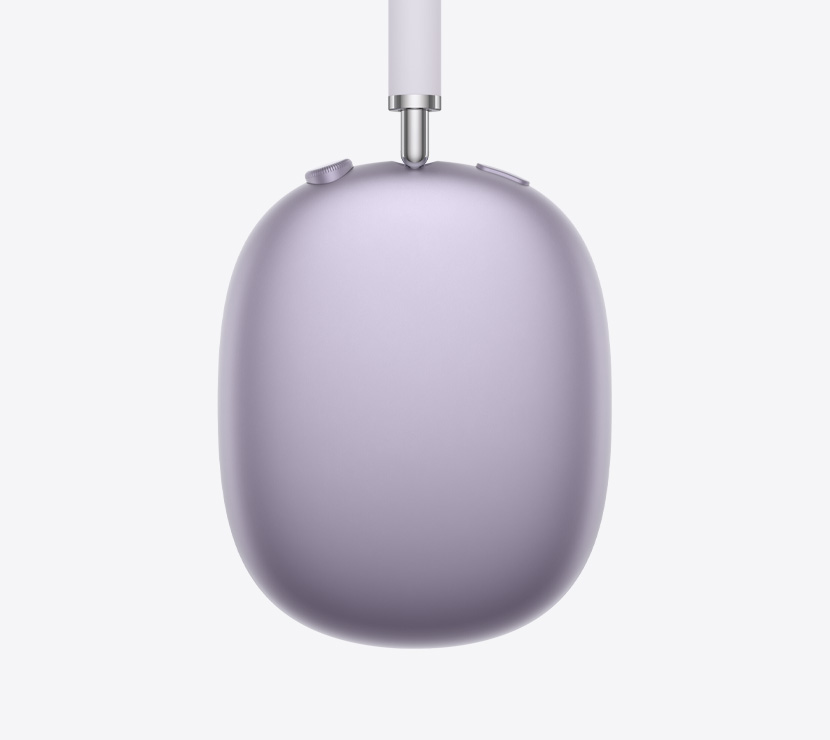 AirPods Max 2, Farbe Violett, seitliche Detailansicht des Kopfbügels, des Ohrpolsters, der Digital Crown und der Taste zur Geräuschkontrolle