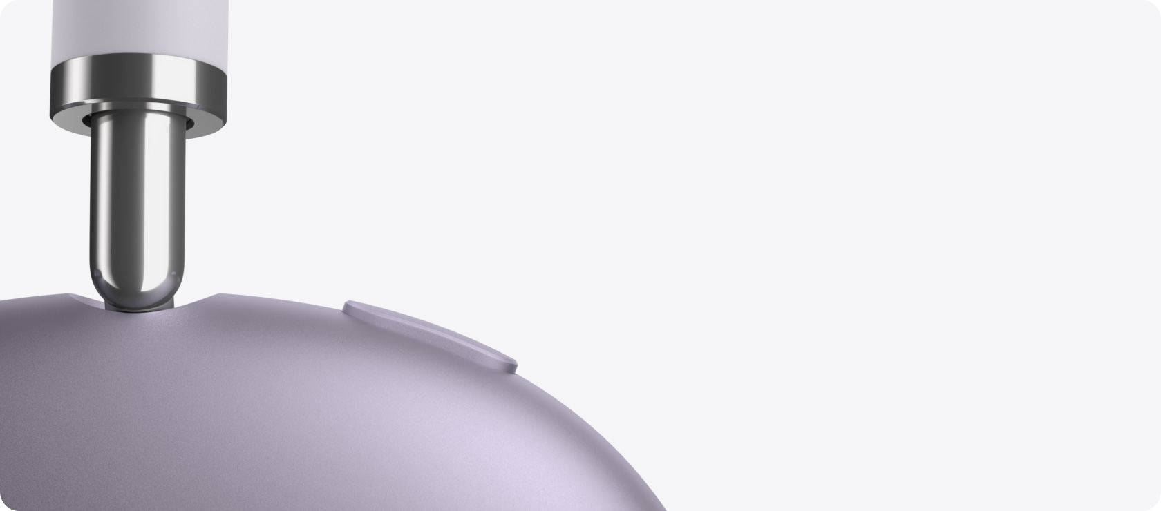 AirPods Max 2 Kopfhörer, seitliche Detailansicht des Teleskoparms, der Hörmuschel und der Taste zur Geräuschkontrolle