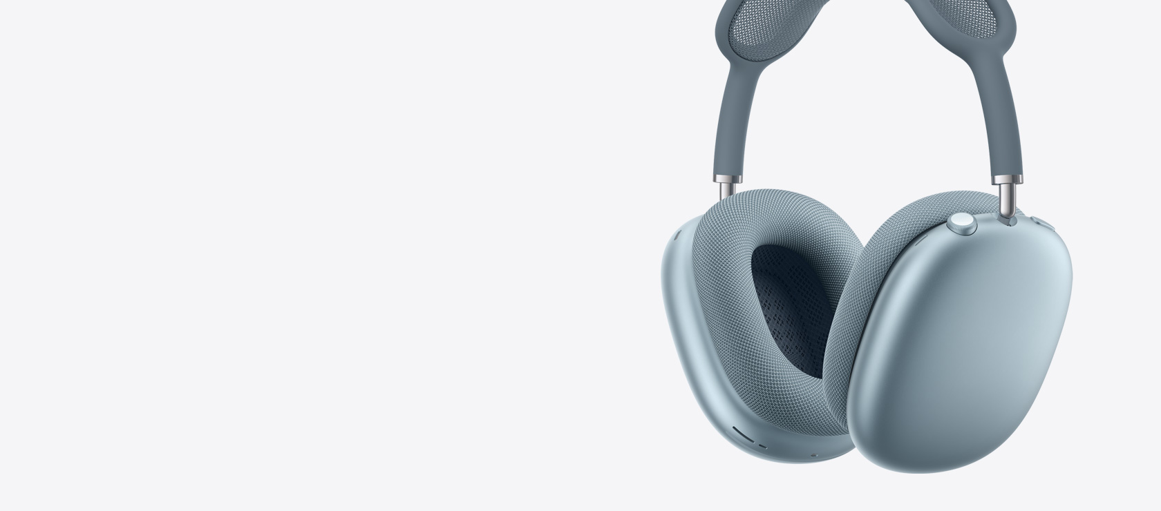 AirPods Max 2 Kopfhörer, Seitenansicht, Farbe Blau, Ohrmuschel innen und außen, Digital Crown