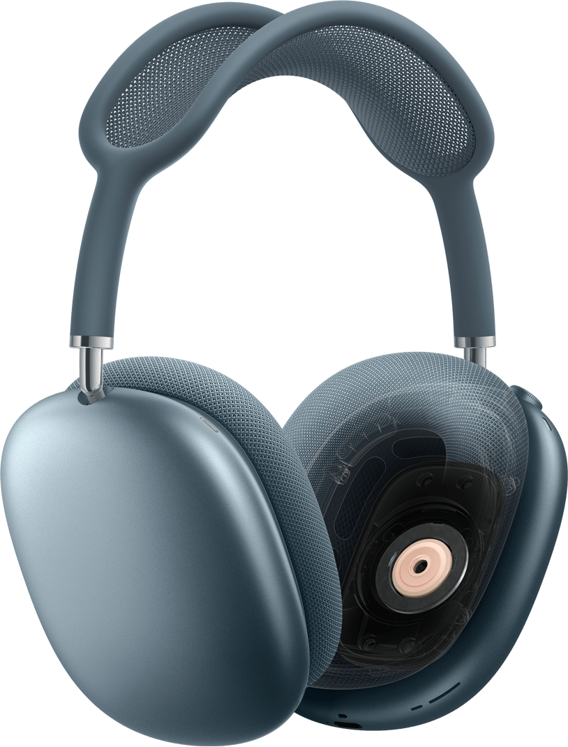 AirPods Max 2 Kopfhörer in Blau, Seitenansicht, eine Hörmuschel mit einem Querschnitt der dynamischen Treiber-Technologie im Inneren