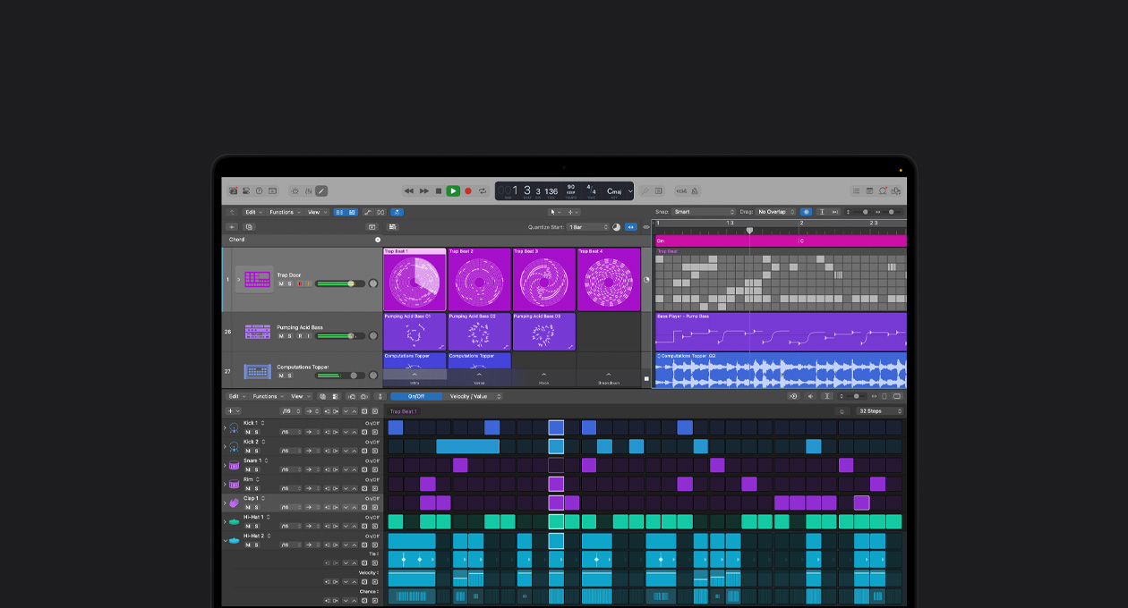 Pantalla de una MacBook Pro de 16 pulgadas, interfaz de Logic Pro con una ventana abierta de Crunchy Synth donde se ven ondas de sonido que representan la música de un piano de cámara, los instrumentos y los efectos en segundo plano