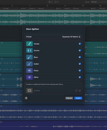 Interfaz de Logic Pro, Divisor de Stems con opciones para voces, bajo, batería, guitarra, piano y otros