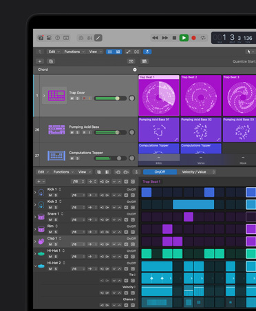 Pantalla de una MacBook Pro de 16 pulgadas, interfaz de Logic Pro con una ventana abierta de Crunchy Synth donde se ven ondas de sonido que representan la música de un piano de cámara, los instrumentos y los efectos en segundo plano