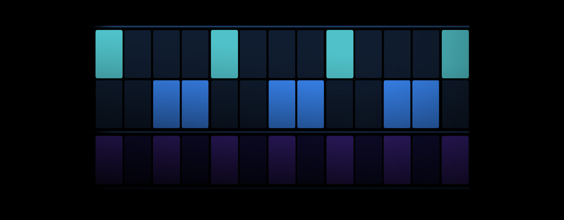 Pantalla de Logic Pro, interfaz para secuenciar ritmos con botones turquesa, azul marino y morado