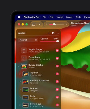 Pixelmator Pro con herramientas de capas, herramientas para organizar, imagen gráfica de una hamburguesa para un folleto