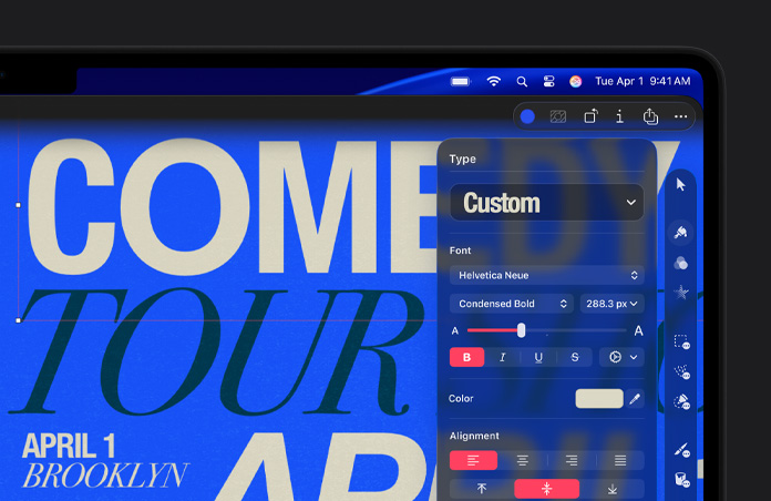 Espacio de trabajo de Pixelmator Pro en el que se ve una tipografía en blanco y negro con un fondo azul, barra de herramientas a la derecha