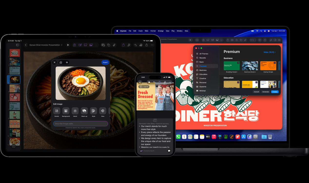 Pantalla de un iPad Pro de 13 pulgadas en la que se ve Keynote con imágenes generativas de un tazón con vegetales y un huevo frito, pantalla de un iPhone 16 en la que se ve Keynote y la foto de dos mujeres y notas del presentador, pantalla de una MacBook Pro de 16 pulgadas en la que se ve una presentación en Keynote con la ventana Temas abierta