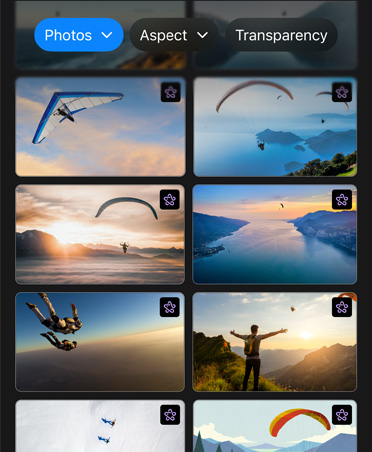 Pantalla con ocho imágenes de parapentes en pleno vuelo, botones de Fotos, Aspecto y Transparencia en la parte superior
