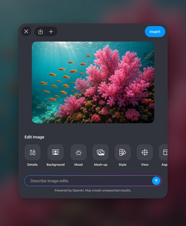 Ventana para generar imágenes, imagen colorida de un arrecife de coral, herramientas de edición de imagen, botón de insertar, barra para describir las ediciones de la imagen en la parte inferior
