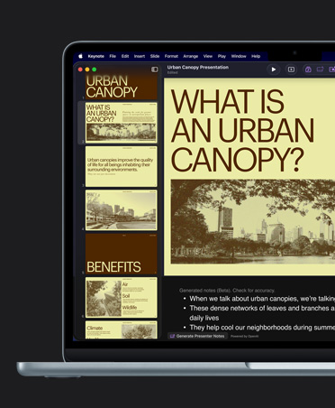 Pantalla de una MacBook Air de 13 pulgadas, Keynote, diapositiva amarilla con el título Urban Canopy e imágenes de edificios, notas para quien presenta generadas con IA abajo de la diapositiva