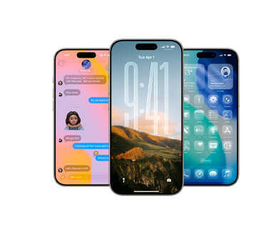 Three iPhone models showing different screens behind each other, each model slightly overlapping. The left iPhone shows a conversation with a background in Messages. Centre model shows Lock Screen with photo, numerals for time in Liquid Glass. The right model shows clear Liquid Glass app icons