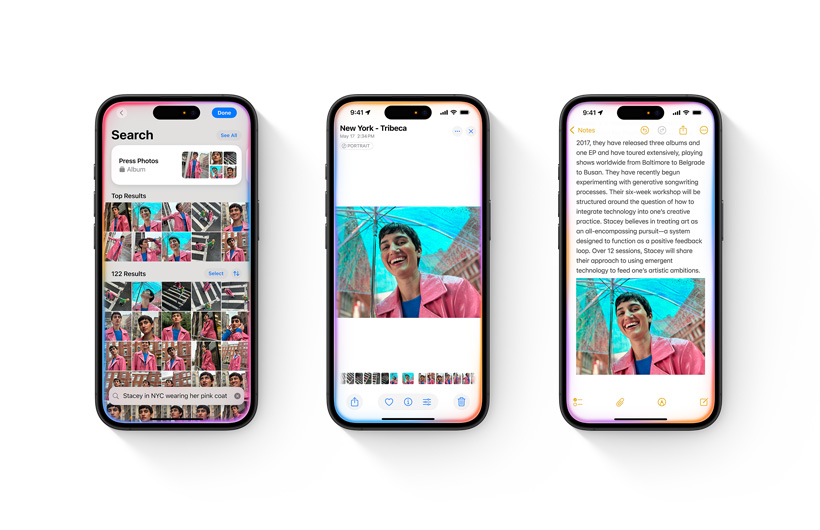 Bir iPhone’da bir arama açıklamasıyla birlikte Fotoğraflar arşivi gösteriliyor. İkinci bir iPhone’da, aramaya göre favorilere eklenen tek bir fotoğrafın açık olduğu görünüyor. Üçüncü bir iPhone, Notlar uygulamasında bir nota dahil edilmiş fotoğrafı gösteriyor.