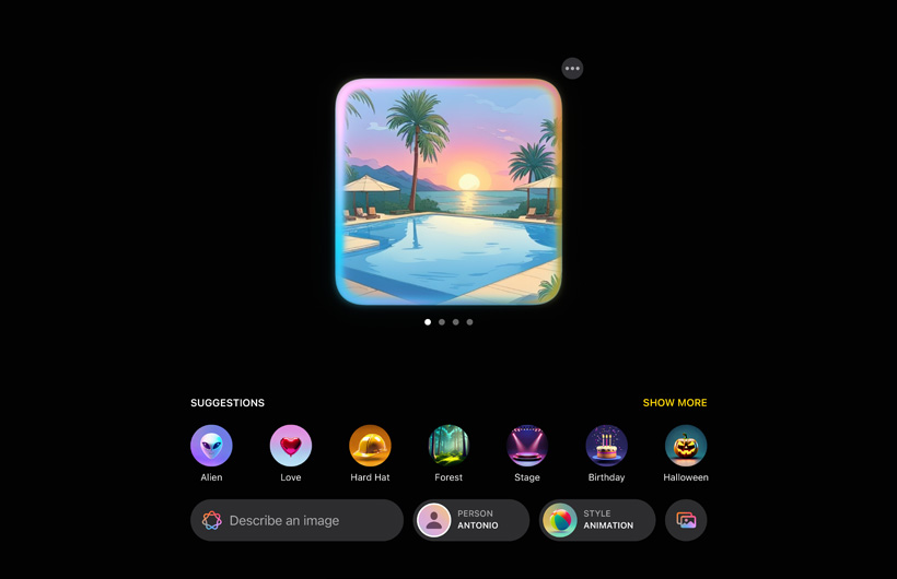 Interface de l’expérience Image Playground montrant une piscine dans un paysage tropical avec un coucher de soleil en arrière-plan et des suggestions pour ajouter d’autres éléments à l’image.