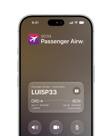 iPhone 18 Pro, Silver, screen displaying Call Context feature powered by Apple Intelligence, airline confirmation details while on a call