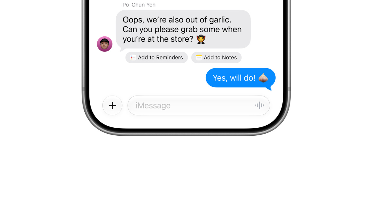 iPhone 18 Pro, Silver, front view, showing a message about running out of garlic, options to add to Reminders or Notes, blue send button, text reads: Yes, will do!
