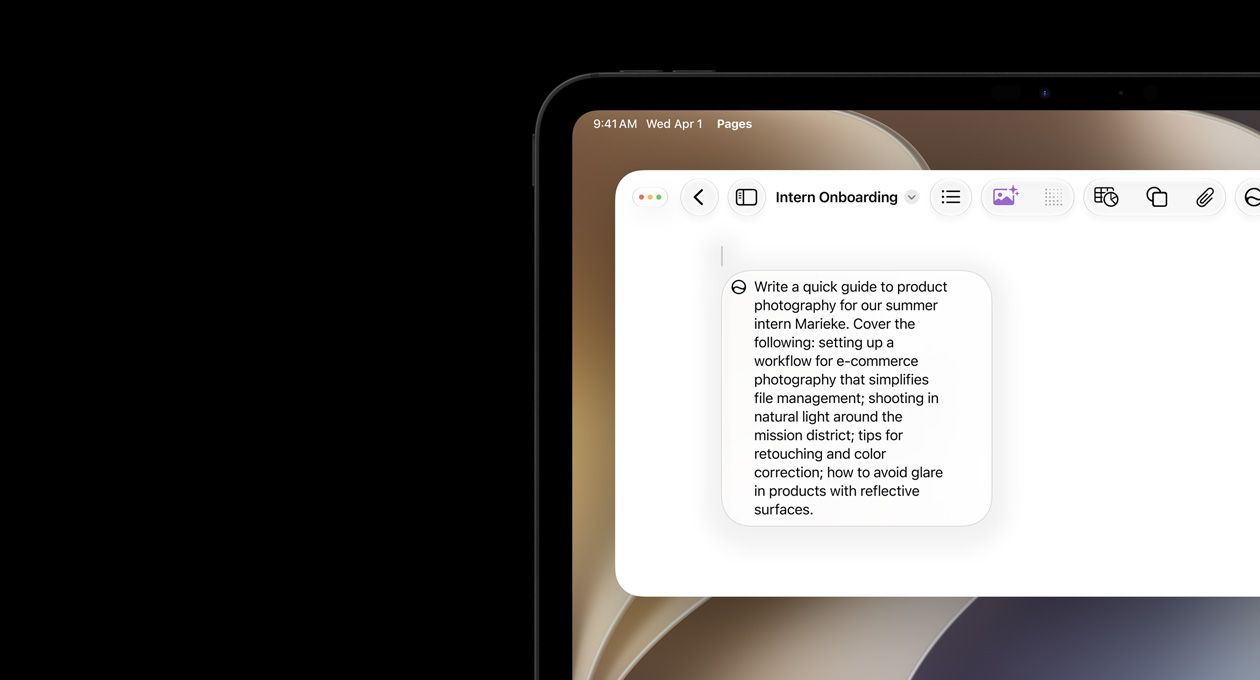 Top left corner of iPad, screen displays open Pages document, prompt for Write with Siri to draft copy