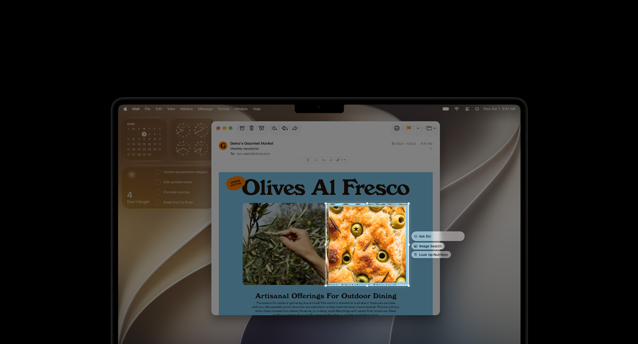 MacBook Pro 14-inch, Space Black, screen displays a Visual Intelligence demo, showing an email with images of food and herbs, a box outlines an image of olives in bread and three prompts hover over the image, including Ask Siri, Image Search, and Look Up Nutrition