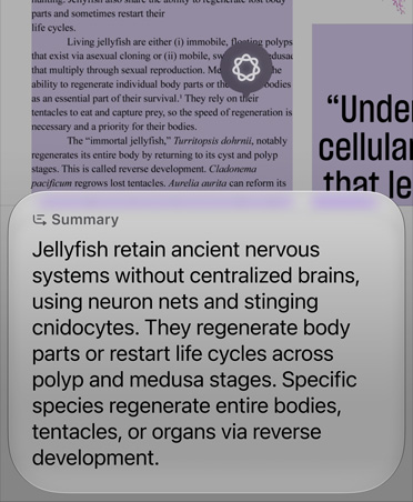 A screenshot of Image Search being used to summarize a few paragraphs of  an article about jellyfish biology