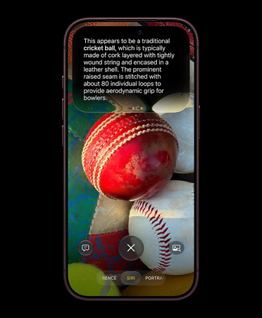 iPhone 18 Pro, Burgundy, screen displaying Siri mode in Camera app with a photo of cricket balls and Siri AI response sharing detailed information about cricket balls