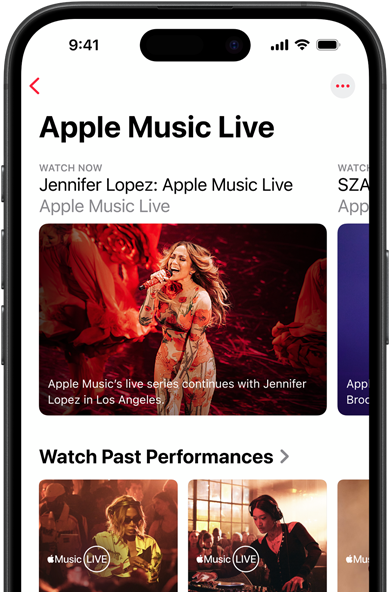 Apple Music Live Bildschirm auf dem iPhone mit «Jetzt ansehen», vergangenen Konzerten und exklusiven Inhalten wie «Apple Music: Die 100 besten Alben»