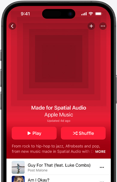 iPhone Display mit Coverbildern der «Gemacht für 3D Audio» Playlist in der Apple Music App