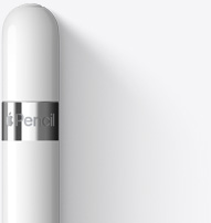 丸みのあるApple Pencil（第1世代）の上部。製品名が入ったシルバーのバンドが巻かれている