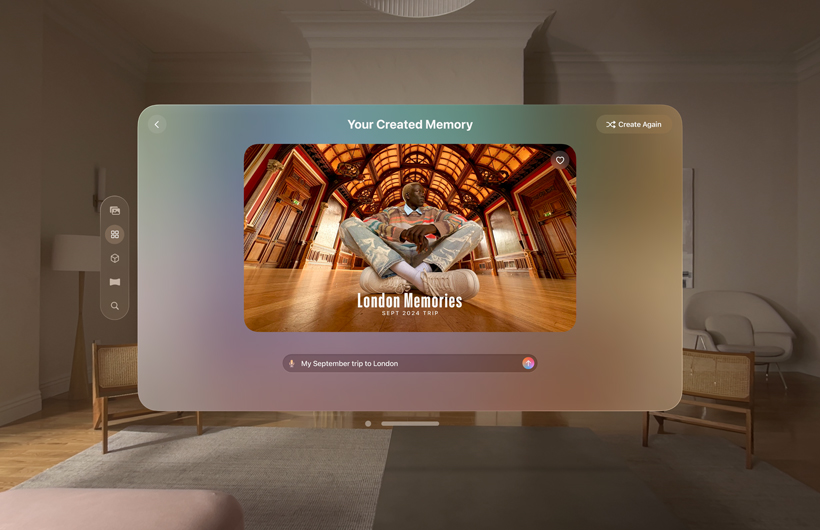 A person in a photograph sitting on the floor in a light-filled, wood-paneled room, the words "London Memories September 2024 trip" shown over the photograph. Interface of the memory movie experience in the Photos app of Apple Vision Pro around the photograph and words.