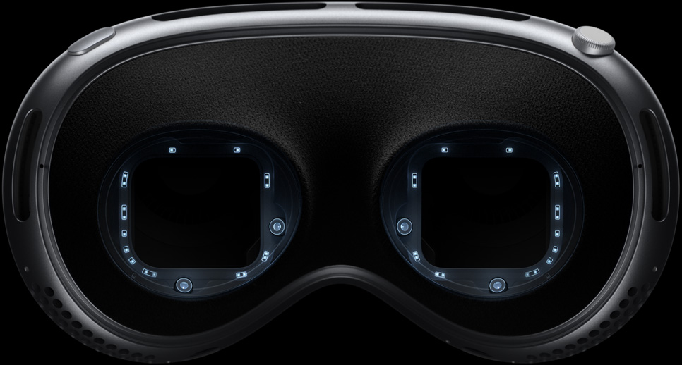 Apple Vision Pro 的內部視圖,重點展示支援精準眼球追蹤的 LED 及紅外線鏡頭