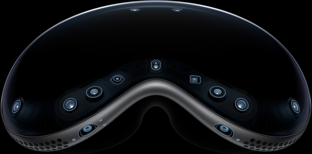 Apple Vision Pro 外部視圖,重點展示一系列鏡頭及感測器