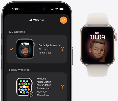 iPhone 17，展示 Apple Watch app，與 Apple Watch SE 3 配對；星光色鋁金屬錶殼，配搭星光色運動錶帶，展示 Memoji 錶面