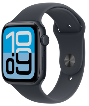 Apple Watch SE 3，午夜暗色鋁金屬錶殼，展示「流束」錶面，右側外觀、數碼錶冠、咪高風和側邊按鈕，配搭午夜暗色運動錶帶，配以銀色收入式鈕扣