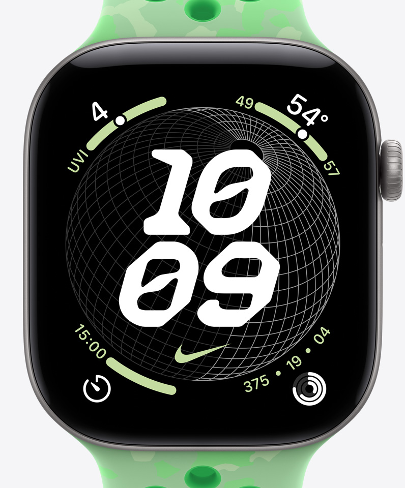 Carátula Globo de Nike, hora, logo Swoosh de Nike, complicaciones: índice UV, clima, temporizador, círculos de Actividad