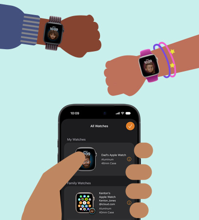 Apple Watch für deine Kinder, Cartoon Illustration von Handgelenken von Kindern mit der Apple Watch SE 3, die mit einem iPhone in der Hand eines Elternteils gekoppelt ist