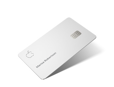 Apple Card, Apple logo at top left, cardholder name middle left, card chip middle right