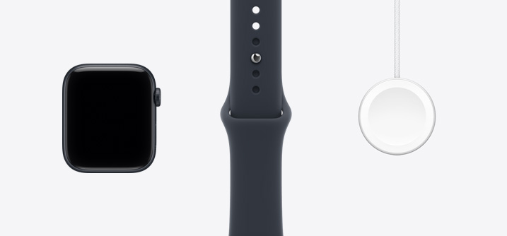 Apple Watch SE 3, aluminum case, midnight color (black), front exterior, edge-to-edge display, digital crown, Sport Band, black color, Apple Watch Magnetic Fast Charger to USB-C Cable