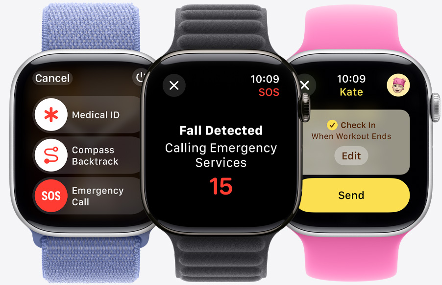 Apple Watch Series 10 displejā redzams Compass Backtrack, Medical ID un ārkārtas zvana slīdnis. Apple Watch Series 10 konstatējis kritienu. Apple Watch Series 10 kādam tiek nosūtīts Check In paziņojums.