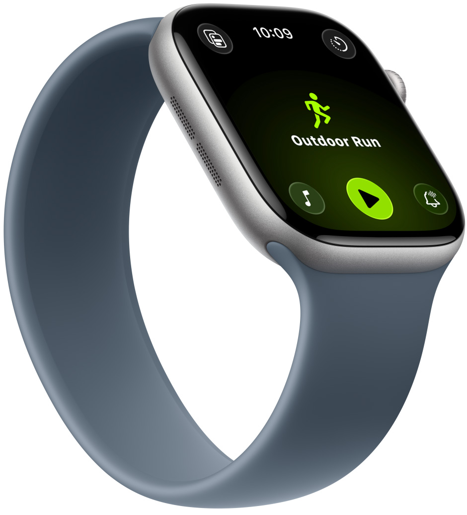 Apple Watch Series 11 z kopertą z polerowanego aluminium w kolorze onyksu, pasek, opaska Solo w kolorze marynarskiego granatu, aplikacja Trening, ikony treningów: bieg w plenerze, jazda na łyżwach na świeżym powietrzu