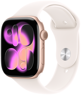 Apple Watch Series 11, Farbe Roségold, Aluminiumgehäuse, Flow Zifferblatt, rechte Seitenansicht, Digital Crown, Mikrofon, Seitentaste, Sportarmband, Farbe Blassrosa, Pin-Verschluss Silber