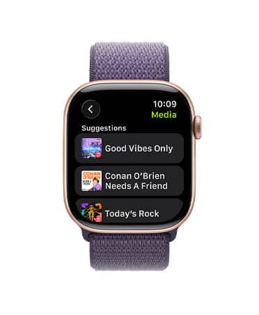 Apple Watch Series 11, Farbe Roségold, Aluminiumgehäuse, Apple Music Steuerelemente, Workout Playlist, rechte Seitenansicht, Digital Crown, Armband, Sport Loop, Farbe Nebelviolett