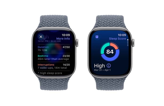 Apple Watch Series 11 com caixa em alumínio cinzento sideral, sugestão de Pilha Inteligente, notificação de classificação do sono, Digital Crown do lado direito, Bracelete Solo entrançada azul‑âncora