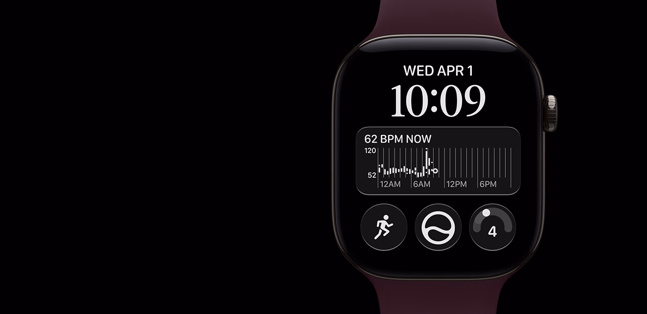 Apple Watch Series 12, aluminum case, black colour, Heart Rate app with BPM in a red heart and a graph below, right side exterior, Digital Crown, Sport Band, burgundy colour