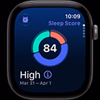 Apple Watch Series 12, kast van aluminium, kleur spacegrijs, cirkeldiagram van slaapscore, rechterkant, Digital Crown
