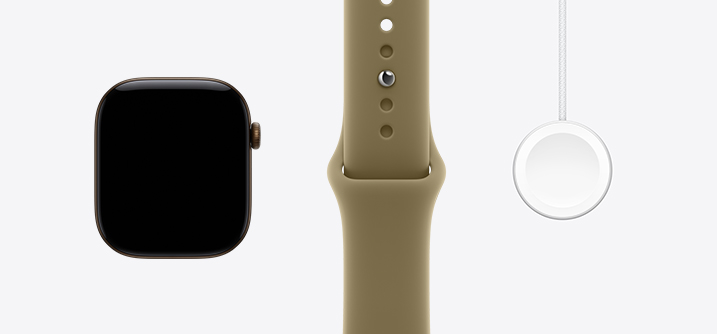 Apple Watch Series 12, kast van aluminium, kleur donkerbrons, voorkant, display van rand tot rand, olijfgroen sportbandje, magnetische snellader-naar-USB‑C-kabel voor Apple Watch